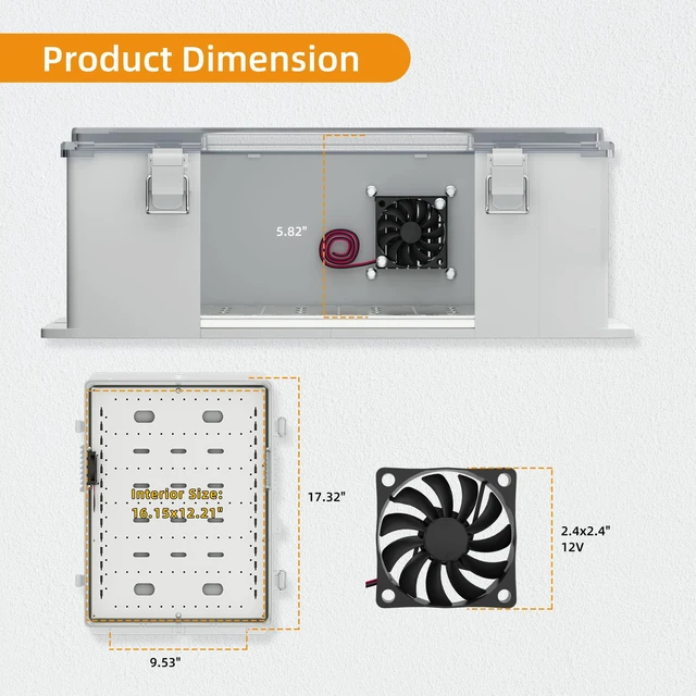 Alt view image 6 of 6 - Outdoor Electric Enclosure Box 18.1x12.6x6.4 Waterproof ABS Clear Weatherproof WiFi Enclosure with 12V Fan, Stainless Steel Buckles, DIN Rail & Wall/Pole Mounting