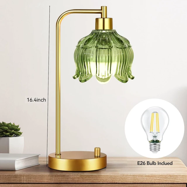 Alt view image 6 of 7 - Glass Table Lamp Set of 2,Small Gold Bedside Lamps Dimmable Boho Bedroom Lamp with Tulip Flower Green Lamp Shade,Vintage Mid Century Modern Mini Nightstand Lamp for Bedroom Living Room
