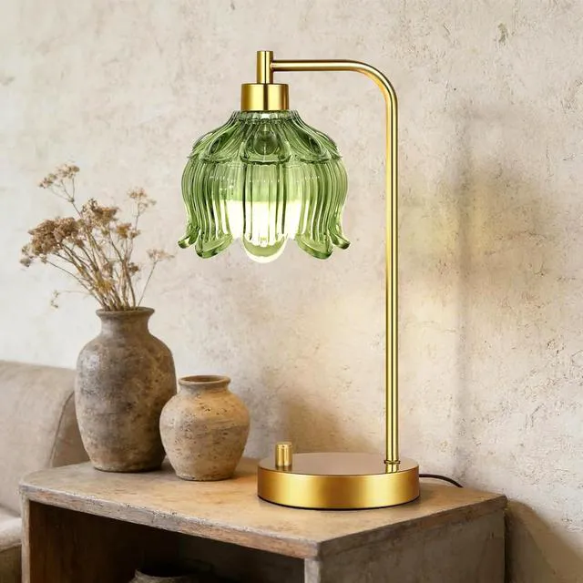 Alt view image 5 of 7 - Glass Table Lamp Set of 2,Small Gold Bedside Lamps Dimmable Boho Bedroom Lamp with Tulip Flower Green Lamp Shade,Vintage Mid Century Modern Mini Nightstand Lamp for Bedroom Living Room