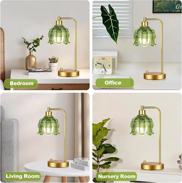 Alt view image 7 of 7 - Glass Table Lamp Set of 2,Small Gold Bedside Lamps Dimmable Boho Bedroom Lamp with Tulip Flower Green Lamp Shade,Vintage Mid Century Modern Mini Nightstand Lamp for Bedroom Living Room