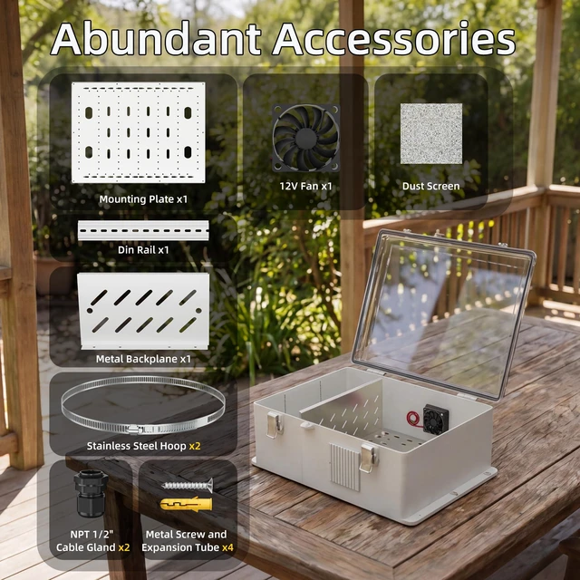 Alt view image 5 of 6 - Outdoor Electric Enclosure Box 18.1x12.6x6.4 Waterproof ABS Clear Weatherproof WiFi Enclosure with 12V Fan, Stainless Steel Buckles, DIN Rail & Wall/Pole Mounting