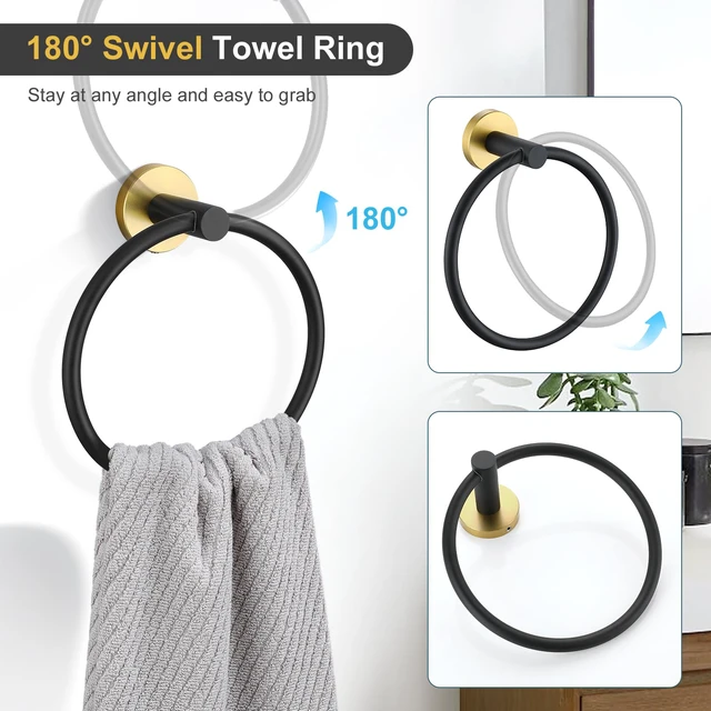 Alt view image 5 of 7 - Black and Gold Bathroom Hardware Accessories Set 10-Pieces, Premium SUS304 Stainless Steel Bathroom Towel Bar Holder Set 23.6 Inch Round Towel Racks for Bathroom Wall Mounted