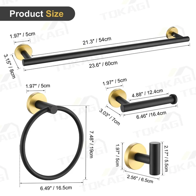 Alt view image 6 of 7 - Black and Gold Bathroom Hardware Accessories Set 10-Pieces, Premium SUS304 Stainless Steel Bathroom Towel Bar Holder Set 23.6 Inch Round Towel Racks for Bathroom Wall Mounted