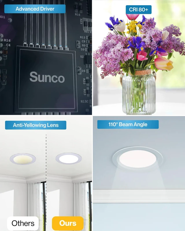Alt view image 7 of 7 - 12 Pack 4 Inch Slim Canless LED Recessed Lights, 10W 5CCT, Dimmable 850LM, Selectable CCT 2700K/3000K/4000K/5000K/6000K, Baffle Trim, Junction Box, LED Downlight, for Kitchens, Low Ceilings