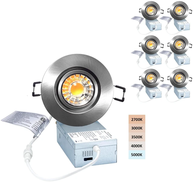 Main image of 3 Inch Gimbal LED Recessed Light 6 Pack,Adjustable Downlight, Nickel 360°Rotatable,Die-cast Aluminum,8W 851LM,Premium Canless Spotlight,5CCT 2700K-5000K,5-100% Dimmable,30°Tilt,ETL,IC Rated