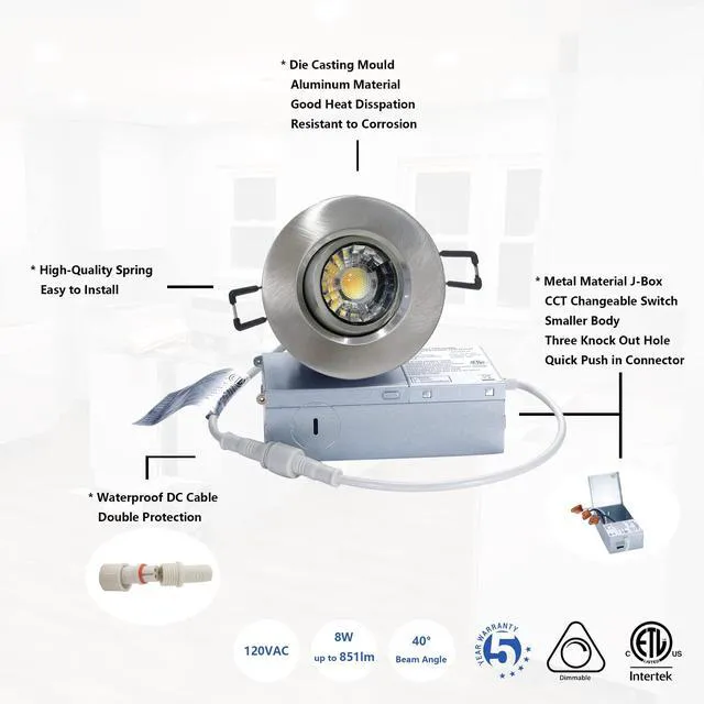 Alt view image 4 of 6 - 3 Inch Gimbal LED Recessed Light 6 Pack,Adjustable Downlight, Nickel 360°Rotatable,Die-cast Aluminum,8W 851LM,Premium Canless Spotlight,5CCT 2700K-5000K,5-100% Dimmable,30°Tilt,ETL,IC Rated
