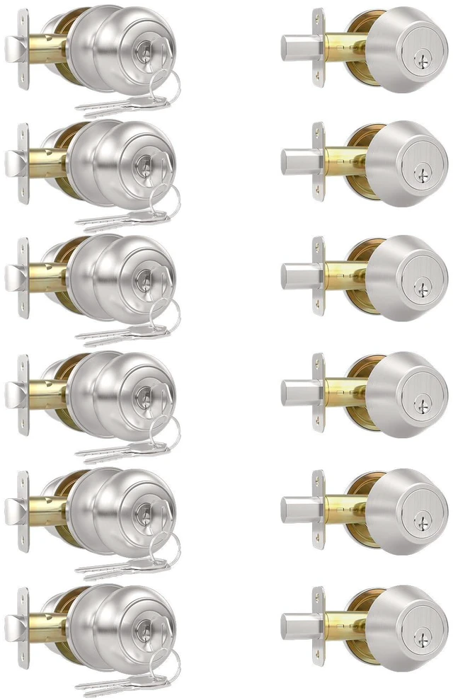 Main image of 6 Pack Front Door Lock Set, Exterior Door Knob with Lock and Key Keyed Alike Reversible Door Knob with Lock Set, Brushed Nickel Single Cylinder Deadbolt Lock for Front Door, Adjustable Latch