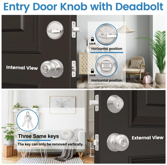 Alt view image 2 of 7 - 5 Pack Exterior Door Knob with Lock, Keyed Entry Front Door Lock Set Keyed Alike Entry Door Knob with Single Cylinder Deadbolt Lock, Brushed Nickel Reversible Knob for Bedroom, Adjustable Latch