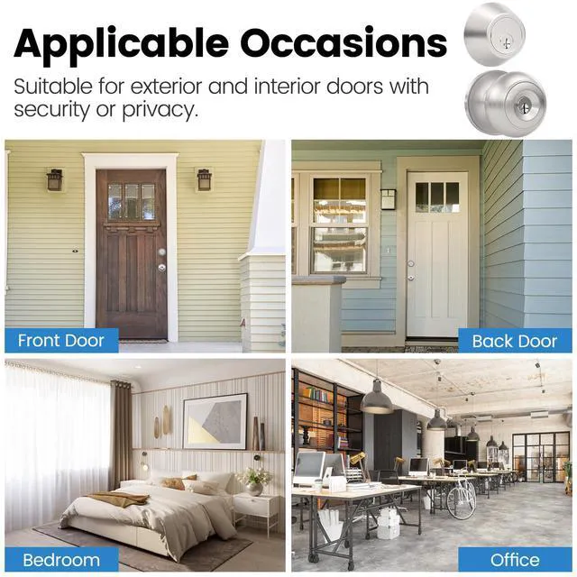 Alt view image 5 of 7 - 5 Pack Exterior Door Knob with Lock, Keyed Entry Front Door Lock Set Keyed Alike Entry Door Knob with Single Cylinder Deadbolt Lock, Brushed Nickel Reversible Knob for Bedroom, Adjustable Latch