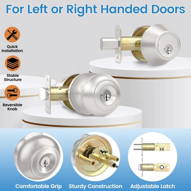 Alt view image 3 of 7 - 5 Pack Exterior Door Knob with Lock, Keyed Entry Front Door Lock Set Keyed Alike Entry Door Knob with Single Cylinder Deadbolt Lock, Brushed Nickel Reversible Knob for Bedroom, Adjustable Latch