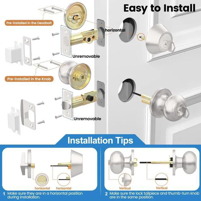 Alt view image 4 of 7 - 5 Pack Exterior Door Knob with Lock, Keyed Entry Front Door Lock Set Keyed Alike Entry Door Knob with Single Cylinder Deadbolt Lock, Brushed Nickel Reversible Knob for Bedroom, Adjustable Latch