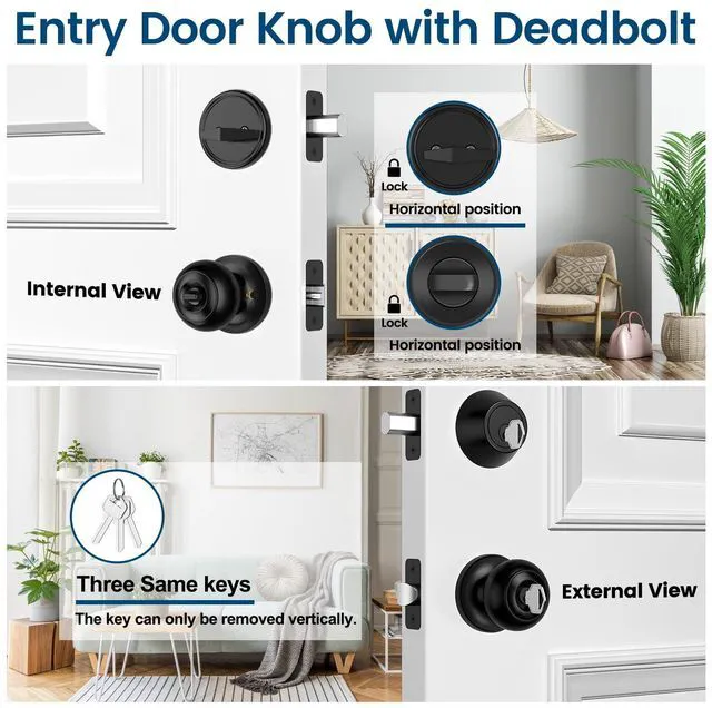 Alt view image 2 of 7 - 6 Pack Exterior Door Knob with Lock, Keyed Entry Front Door Lock Set Keyed Alike Entry Door Knob with Single Cylinder Deadbolt Lock Set, Matte Black Reversible Knob for Bedroom, Adjustable Latch