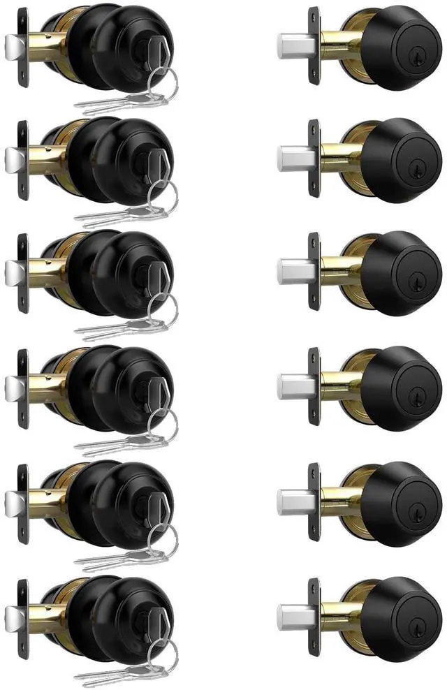 Main image of 6 Pack Exterior Door Knob with Lock, Keyed Entry Front Door Lock Set Keyed Alike Entry Door Knob with Single Cylinder Deadbolt Lock Set, Matte Black Reversible Knob for Bedroom, Adjustable Latch