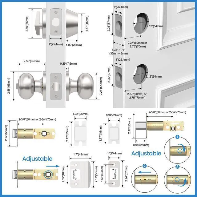 Alt view image 6 of 7 - 5 Pack Exterior Door Knob with Lock, Keyed Entry Front Door Lock Set Keyed Alike Entry Door Knob with Single Cylinder Deadbolt Lock, Brushed Nickel Reversible Knob for Bedroom, Adjustable Latch