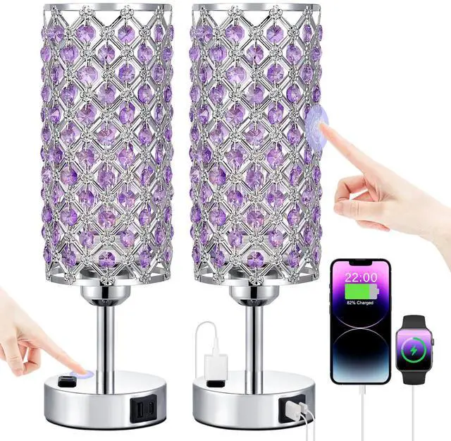 Main image of Crystal Lamps Set of 2, 3 Way Dimmable Touch Lamp with Crystal Shade, Bedside Nightstand Lamps for Living Room Bedroom Home Office(Purple)