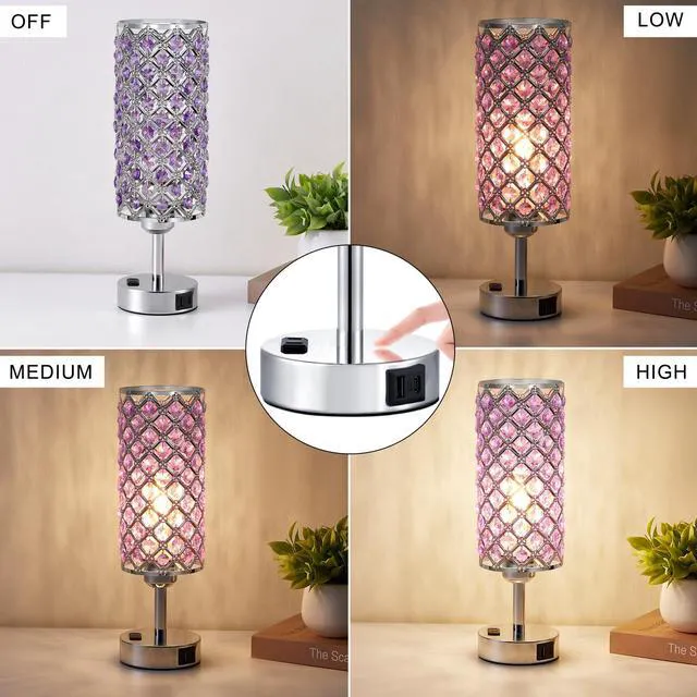 Alt view image 4 of 7 - Crystal Lamps Set of 2, 3 Way Dimmable Touch Lamp with Crystal Shade, Bedside Nightstand Lamps for Living Room Bedroom Home Office(Purple)