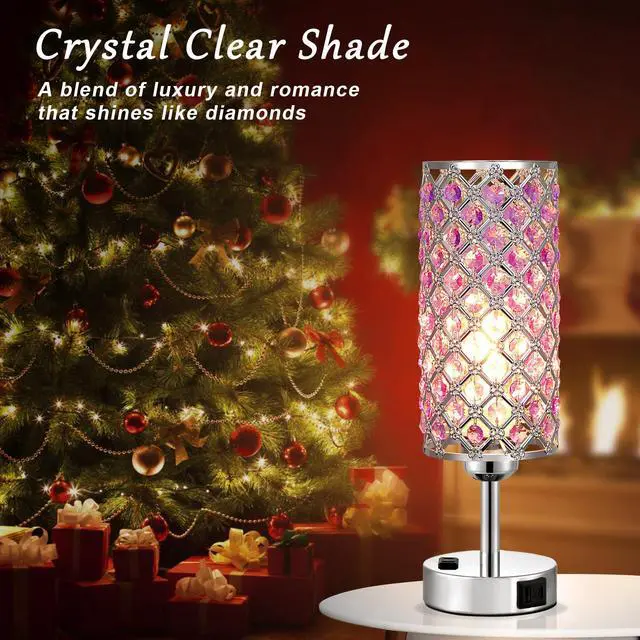 Alt view image 2 of 7 - Crystal Lamps Set of 2, 3 Way Dimmable Touch Lamp with Crystal Shade, Bedside Nightstand Lamps for Living Room Bedroom Home Office(Purple)