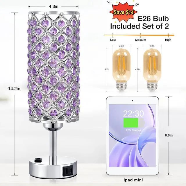 Alt view image 3 of 7 - Crystal Lamps Set of 2, 3 Way Dimmable Touch Lamp with Crystal Shade, Bedside Nightstand Lamps for Living Room Bedroom Home Office(Purple)