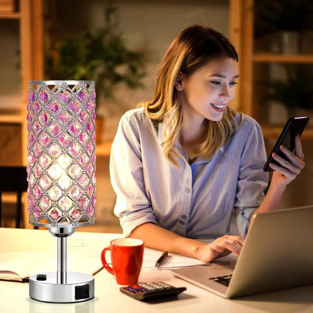 Alt view image 7 of 7 - Crystal Lamps Set of 2, 3 Way Dimmable Touch Lamp with Crystal Shade, Bedside Nightstand Lamps for Living Room Bedroom Home Office(Purple)