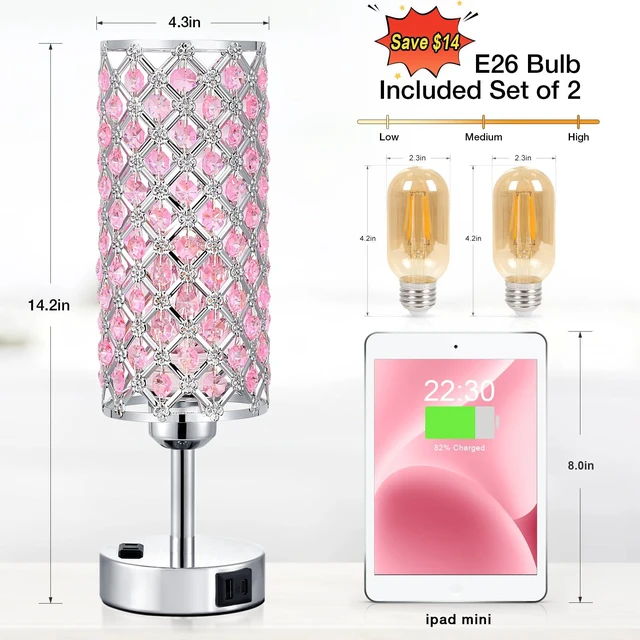 Alt view image 3 of 5 - Pink Crystal Lamp Set of 2, 3 Way Dimmable Touch Lamp for Bedroom with Crystal Shade, Bedside Nightstand Lamps for Living Room Bedroom Home Office