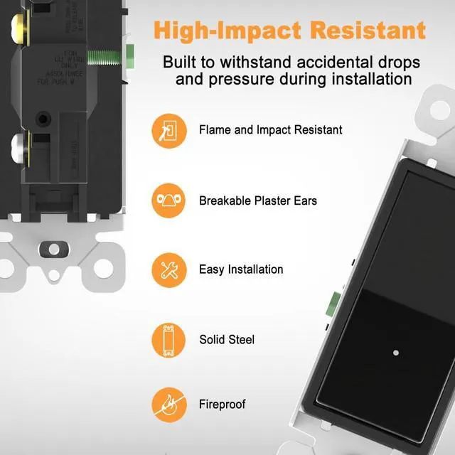 Alt view image 5 of 7 - 10 Pack Light Switch with LED Night Light 15Amp 120/277Volt Rocker Single Pole Wall Switch, Automatic On/Off Sensor-Black
