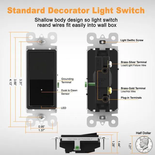 Alt view image 6 of 7 - 10 Pack Light Switch with LED Night Light 15Amp 120/277Volt Rocker Single Pole Wall Switch, Automatic On/Off Sensor-Black