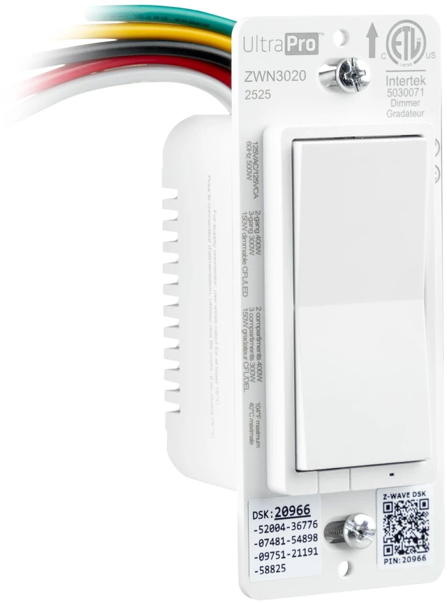 Alt view image 2 of 6 - Z-Wave Long Range Dimmer Switch, 800 Series, Paddle, 4 Pack Plastic Yoke, Flying Leads, Single-Pole or 3-Way Support, White, Hub Required, Works with Alexa & Google Home