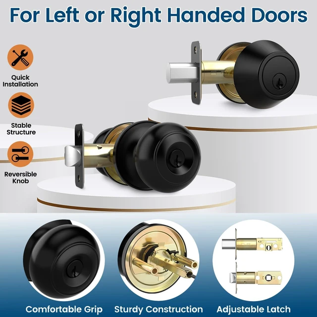 Alt view image 3 of 7 - 6 Pack Exterior Door Knob with Lock, Keyed Entry Front Door Lock Set Keyed Alike Entry Door Knob with Single Cylinder Deadbolt Lock Set, Matte Black Reversible Knob for Bedroom, Adjustable Latch