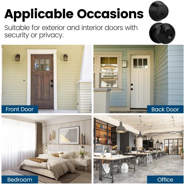 Alt view image 5 of 7 - 6 Pack Exterior Door Knob with Lock, Keyed Entry Front Door Lock Set Keyed Alike Entry Door Knob with Single Cylinder Deadbolt Lock Set, Matte Black Reversible Knob for Bedroom, Adjustable Latch
