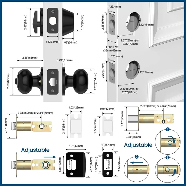 Alt view image 6 of 7 - 6 Pack Exterior Door Knob with Lock, Keyed Entry Front Door Lock Set Keyed Alike Entry Door Knob with Single Cylinder Deadbolt Lock Set, Matte Black Reversible Knob for Bedroom, Adjustable Latch