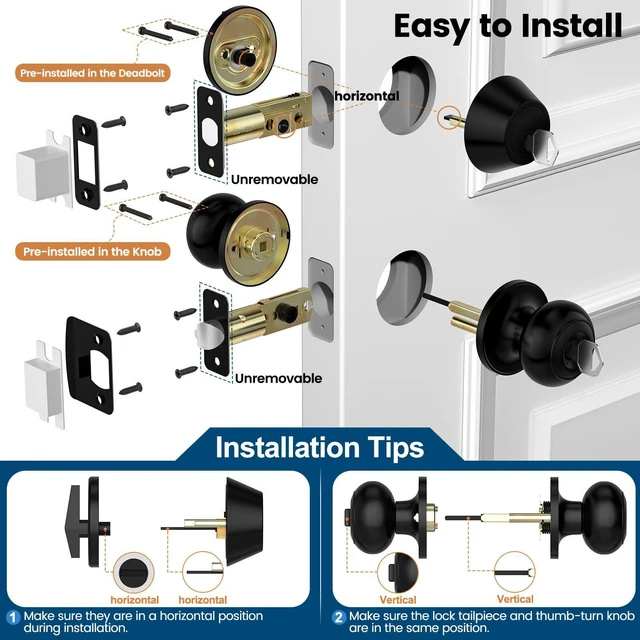 Alt view image 4 of 7 - 6 Pack Exterior Door Knob with Lock, Keyed Entry Front Door Lock Set Keyed Alike Entry Door Knob with Single Cylinder Deadbolt Lock Set, Matte Black Reversible Knob for Bedroom, Adjustable Latch
