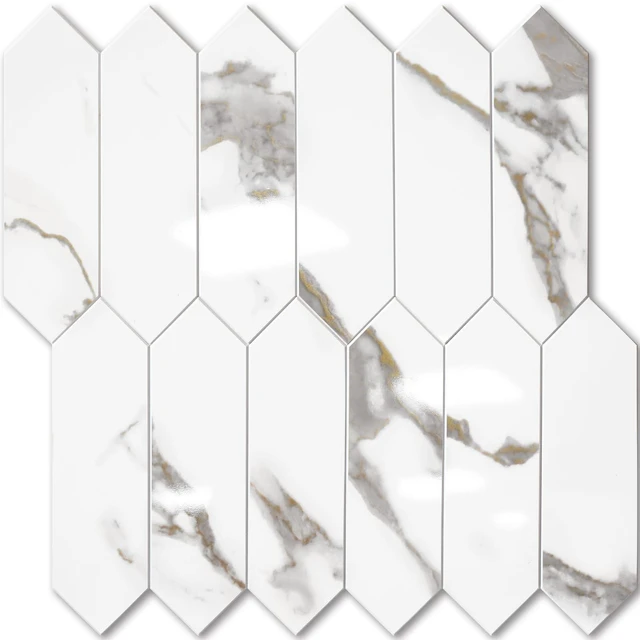 Main image of Glossy White Marble with Gold Veining Backsplash Tile Peel and Stick, 12.8 x 12.8 Inch 10 Sheets Long Hexagon PVC Self Adhesive Mosaic Tiles Stick on Backsplash for Kitchen and Bathroom
