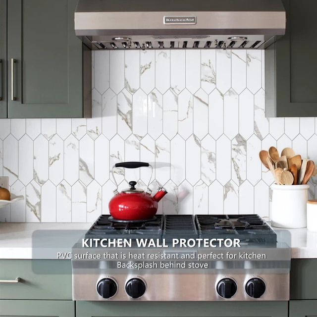 Alt view image 2 of 7 - Glossy White Marble with Gold Veining Backsplash Tile Peel and Stick, 12.8 x 12.8 Inch 10 Sheets Long Hexagon PVC Self Adhesive Mosaic Tiles Stick on Backsplash for Kitchen and Bathroom