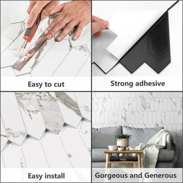 Alt view image 5 of 7 - Glossy White Marble with Gold Veining Backsplash Tile Peel and Stick, 12.8 x 12.8 Inch 10 Sheets Long Hexagon PVC Self Adhesive Mosaic Tiles Stick on Backsplash for Kitchen and Bathroom