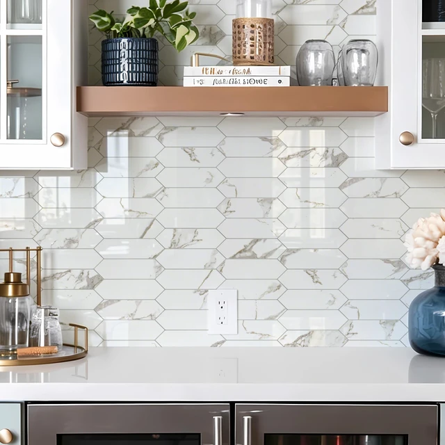 Alt view image 3 of 7 - Glossy White Marble with Gold Veining Backsplash Tile Peel and Stick, 12.8 x 12.8 Inch 10 Sheets Long Hexagon PVC Self Adhesive Mosaic Tiles Stick on Backsplash for Kitchen and Bathroom