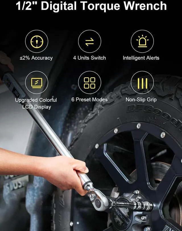 Alt view image 3 of 7 - Upgraded Digital Torque Wrench, 12.5-250.7 Ft-lbs/17-340 Nm, 1/2'' Drive Automotive Rachet Torque Wrench with Buzzer & Colorful LED Indicator, Electronic Wrench Set for Car Tires Auto Repair