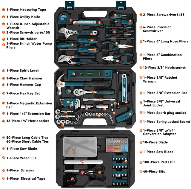 Alt view image 2 of 7 - 328 Piece Tool Kit For Home,Hand Repair Tool Set,Toolbox Storage Case with Drawer,General Household/Auto Tool Set,Perfect for Homeowner, DIY, Handyman (Blue and black)