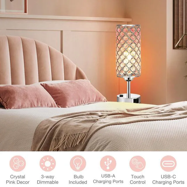 Alt view image 5 of 5 - Pink Crystal Lamp Set of 2, 3 Way Dimmable Touch Lamp for Bedroom with Crystal Shade, Bedside Nightstand Lamps for Living Room Bedroom Home Office
