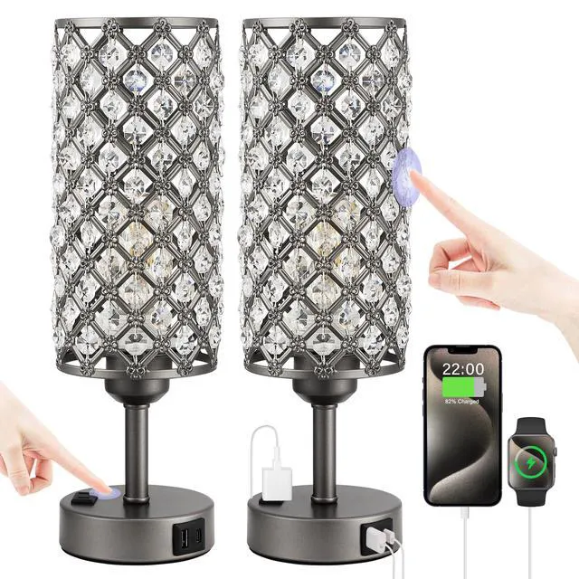 Main image of Gray Crystal Lamp Touch Control Set of 2, Crystal Table Lamps with USB C+A Ports & AC Outlet, 3-Way Dimmable Nightstand Touch Lamp, Modern Bedside Table Lamp for Bedroom(Bulbs Included)