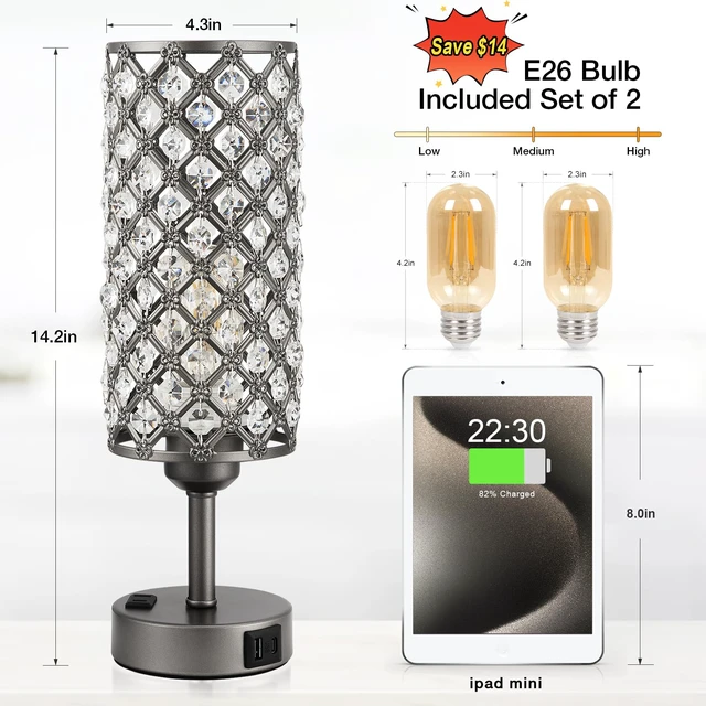 Alt view image 3 of 7 - Gray Crystal Lamp Touch Control Set of 2, Crystal Table Lamps with USB C+A Ports & AC Outlet, 3-Way Dimmable Nightstand Touch Lamp, Modern Bedside Table Lamp for Bedroom(Bulbs Included)