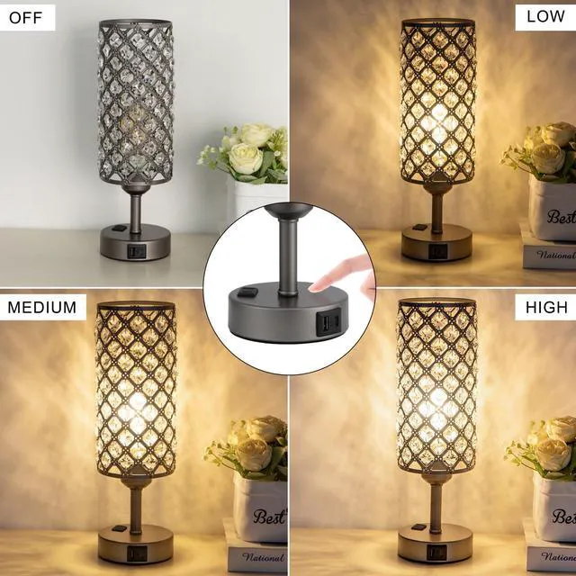 Alt view image 4 of 7 - Gray Crystal Lamp Touch Control Set of 2, Crystal Table Lamps with USB C+A Ports & AC Outlet, 3-Way Dimmable Nightstand Touch Lamp, Modern Bedside Table Lamp for Bedroom(Bulbs Included)