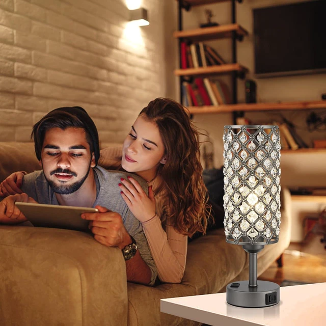 Alt view image 5 of 7 - Gray Crystal Lamp Touch Control Set of 2, Crystal Table Lamps with USB C+A Ports & AC Outlet, 3-Way Dimmable Nightstand Touch Lamp, Modern Bedside Table Lamp for Bedroom(Bulbs Included)