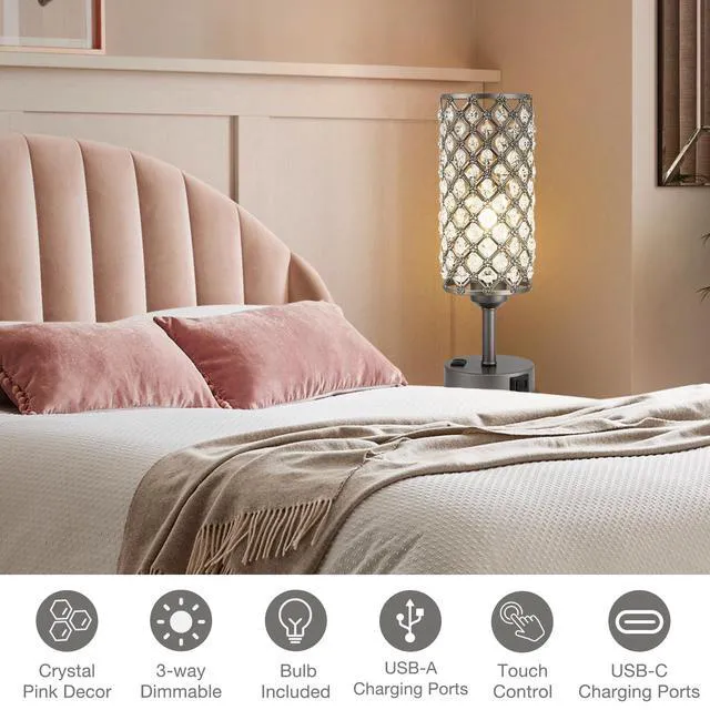 Alt view image 6 of 7 - Gray Crystal Lamp Touch Control Set of 2, Crystal Table Lamps with USB C+A Ports & AC Outlet, 3-Way Dimmable Nightstand Touch Lamp, Modern Bedside Table Lamp for Bedroom(Bulbs Included)