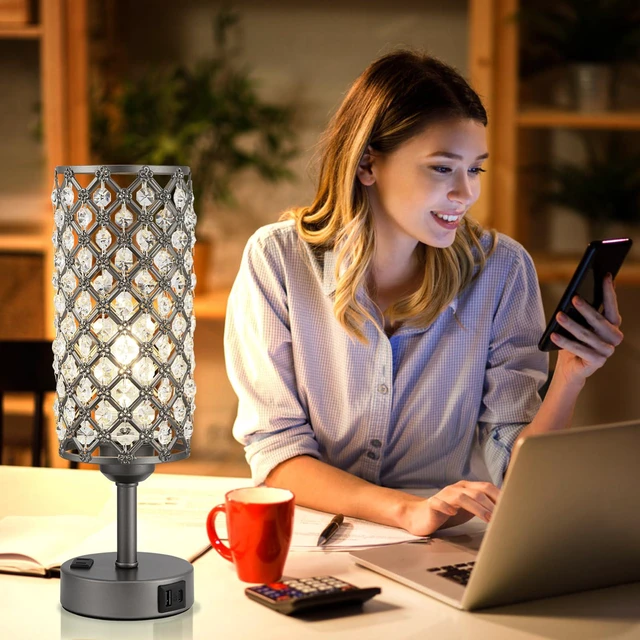 Alt view image 7 of 7 - Gray Crystal Lamp Touch Control Set of 2, Crystal Table Lamps with USB C+A Ports & AC Outlet, 3-Way Dimmable Nightstand Touch Lamp, Modern Bedside Table Lamp for Bedroom(Bulbs Included)