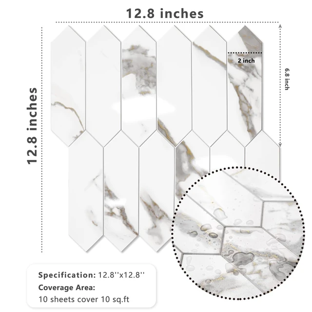 Alt view image 6 of 7 - Glossy White Marble with Gold Veining Backsplash Tile Peel and Stick, 12.8 x 12.8 Inch 10 Sheets Long Hexagon PVC Self Adhesive Mosaic Tiles Stick on Backsplash for Kitchen and Bathroom