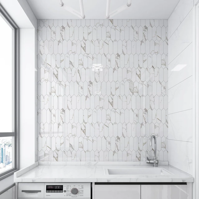Alt view image 7 of 7 - Glossy White Marble with Gold Veining Backsplash Tile Peel and Stick, 12.8 x 12.8 Inch 10 Sheets Long Hexagon PVC Self Adhesive Mosaic Tiles Stick on Backsplash for Kitchen and Bathroom