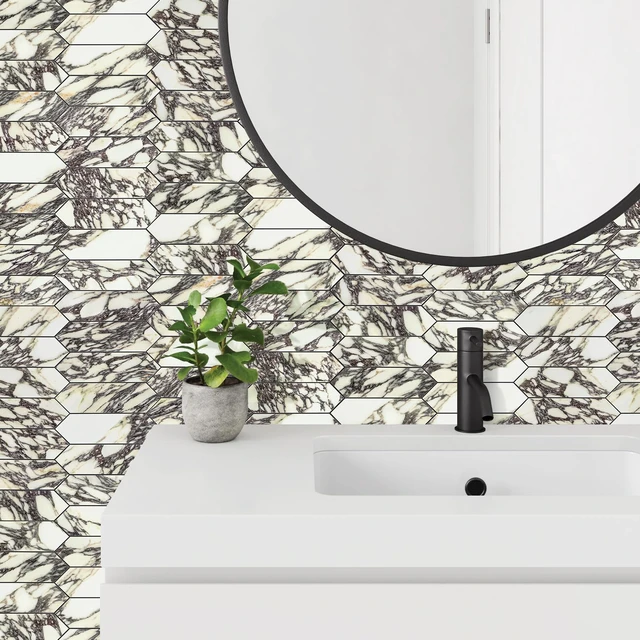 Alt view image 6 of 7 - Glossy Marble Purple Backsplash Tile Peel and Stick, 12.8 x 12.8 Inch 10 Sheets Long Hexagon PVC Self Adhesive Mosaic Wall Tiles Stick on Backsplash for Kitchen and Bathroom