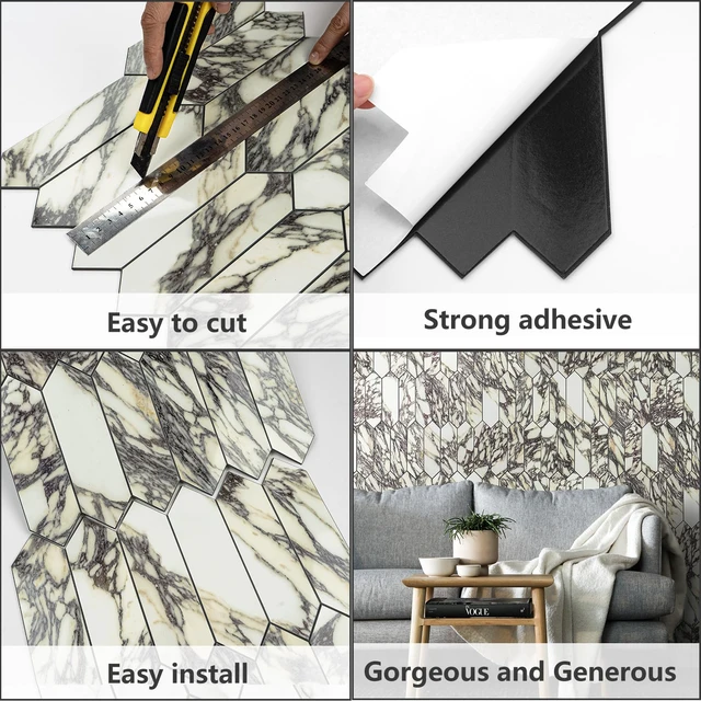 Alt view image 5 of 7 - Glossy Marble Purple Backsplash Tile Peel and Stick, 12.8 x 12.8 Inch 10 Sheets Long Hexagon PVC Self Adhesive Mosaic Wall Tiles Stick on Backsplash for Kitchen and Bathroom