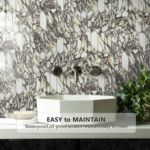Alt view image 2 of 7 - Glossy Marble Purple Backsplash Tile Peel and Stick, 12.8 x 12.8 Inch 10 Sheets Long Hexagon PVC Self Adhesive Mosaic Wall Tiles Stick on Backsplash for Kitchen and Bathroom