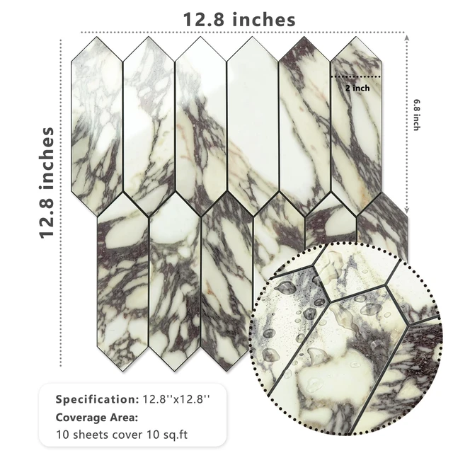 Alt view image 4 of 7 - Glossy Marble Purple Backsplash Tile Peel and Stick, 12.8 x 12.8 Inch 10 Sheets Long Hexagon PVC Self Adhesive Mosaic Wall Tiles Stick on Backsplash for Kitchen and Bathroom